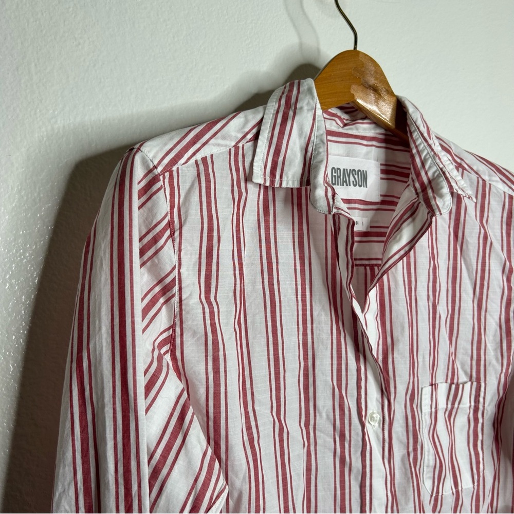 NWT Grayson 100% Cotton Red White Striped 'Hero' Button Down Long Sleeve Top